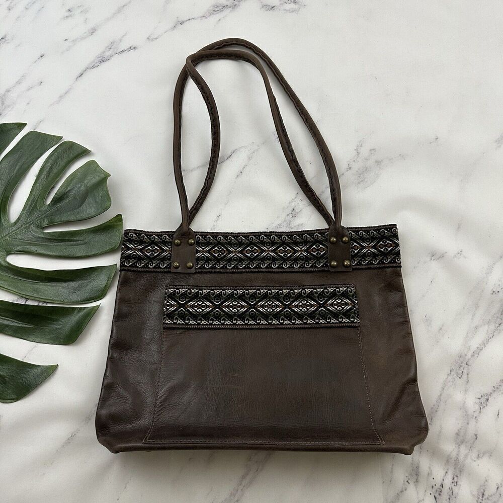 Unbranded Leather Tote Shoulder Bag Purse Dark Brown Woven Boho Trim Large